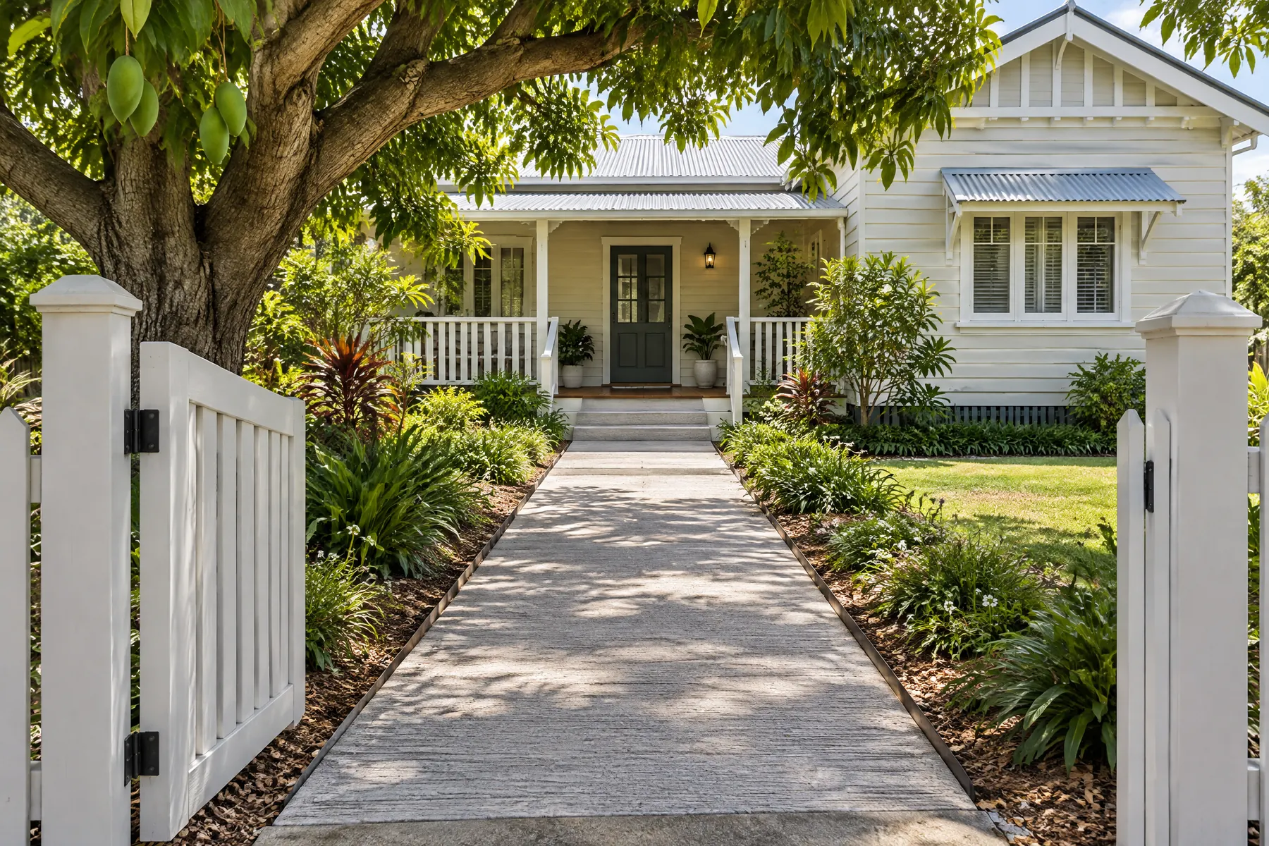 Illustrative concrete footpath junction between entry and garden