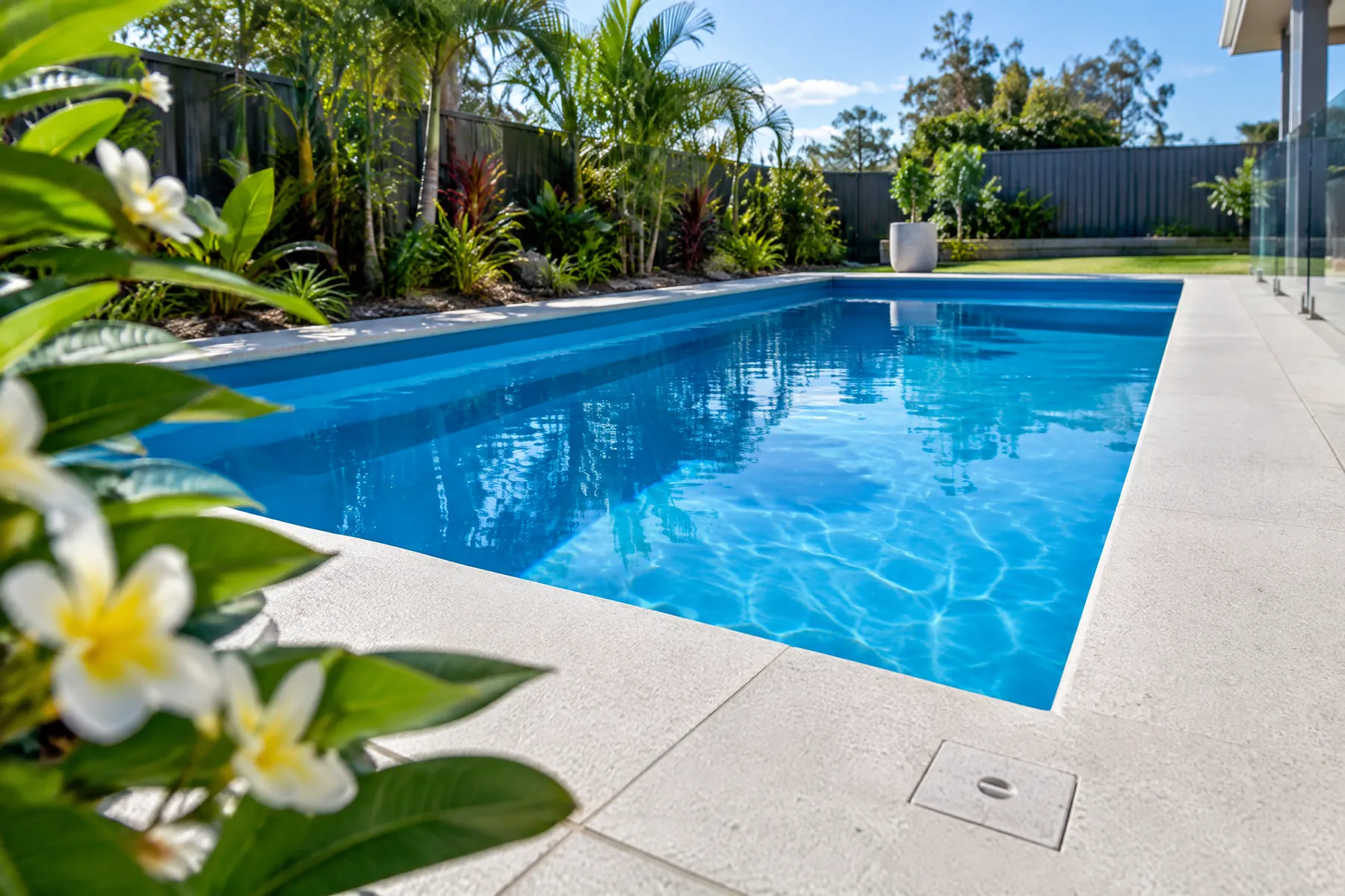 Illustrative concrete coping with a non-slip edge beside a blue swimming pool