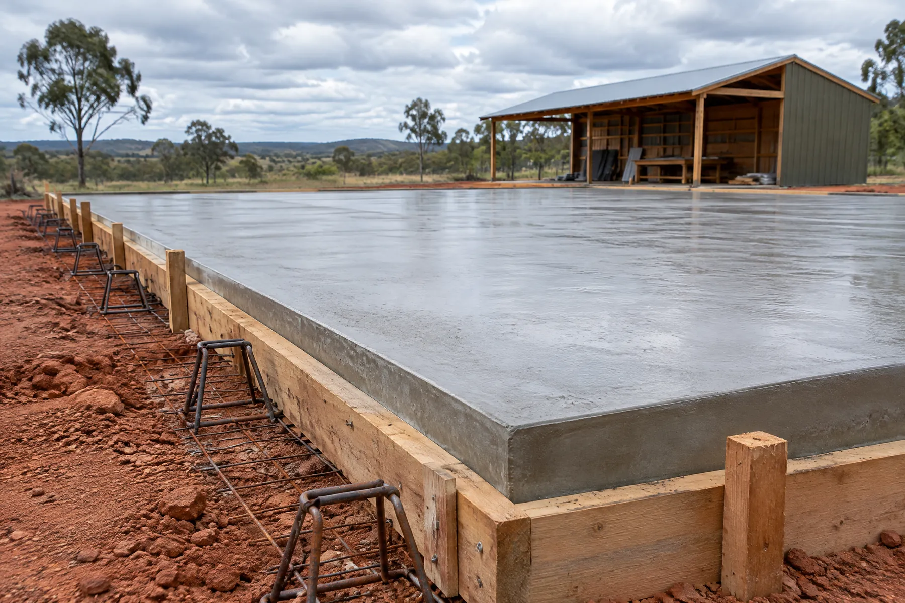 Illustrative concrete slab preparation with reinforcing mesh and form boards