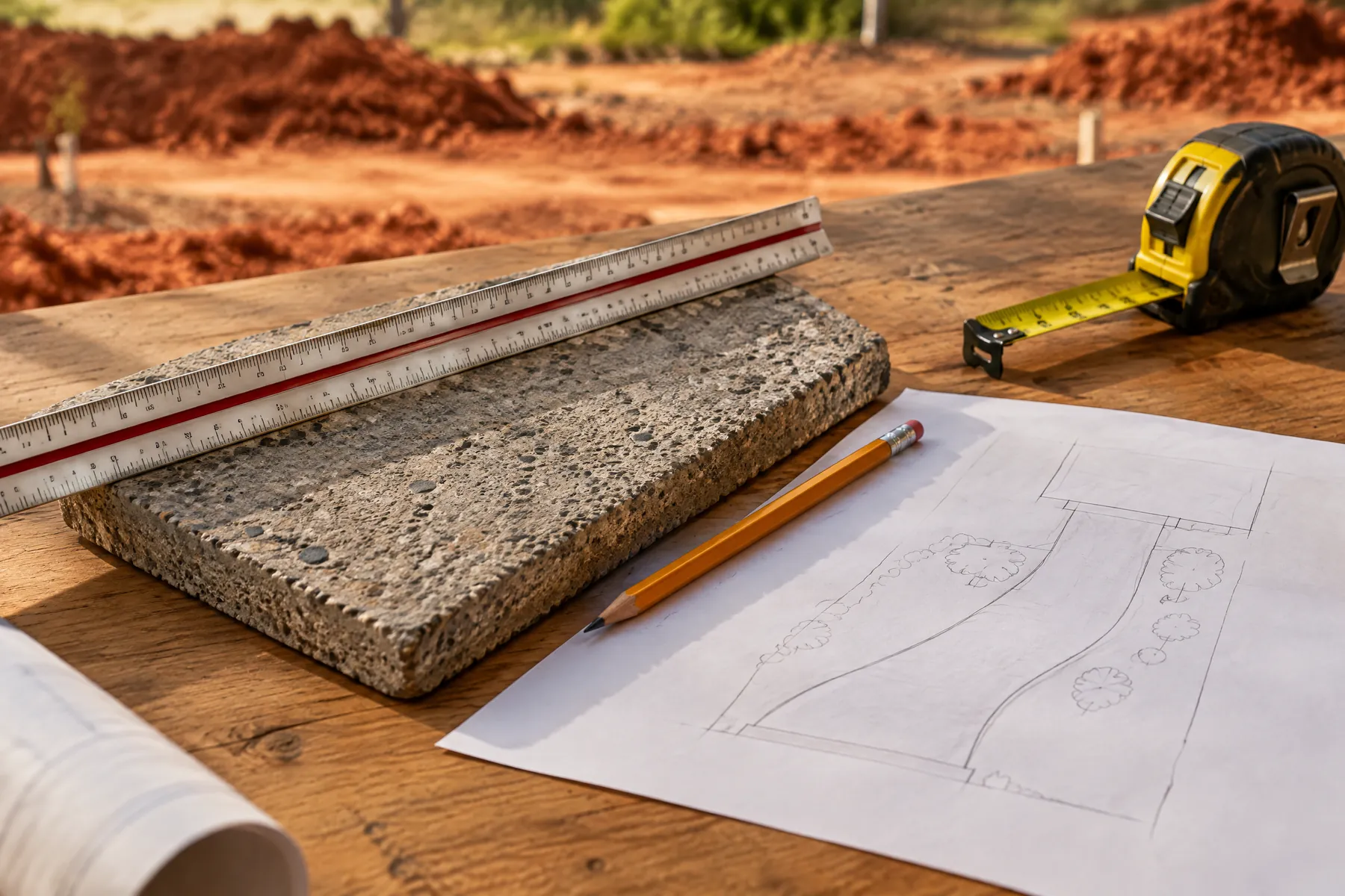 Illustrative planning desk with concrete samples for a driveway budgeting guide; illustrative, not a contractor project