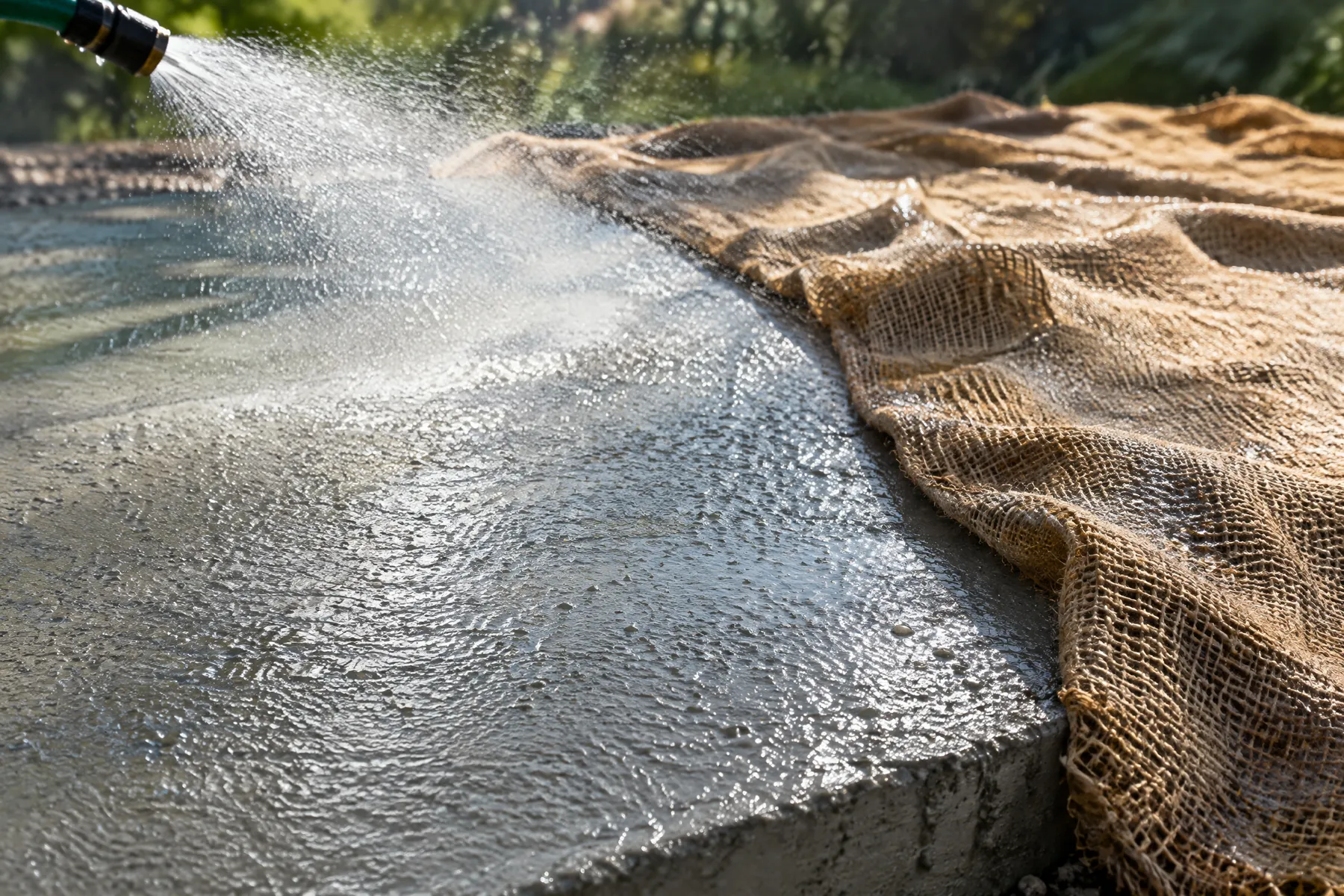 Illustrative water-curing material on a fresh concrete sample; illustrative, not a contractor project