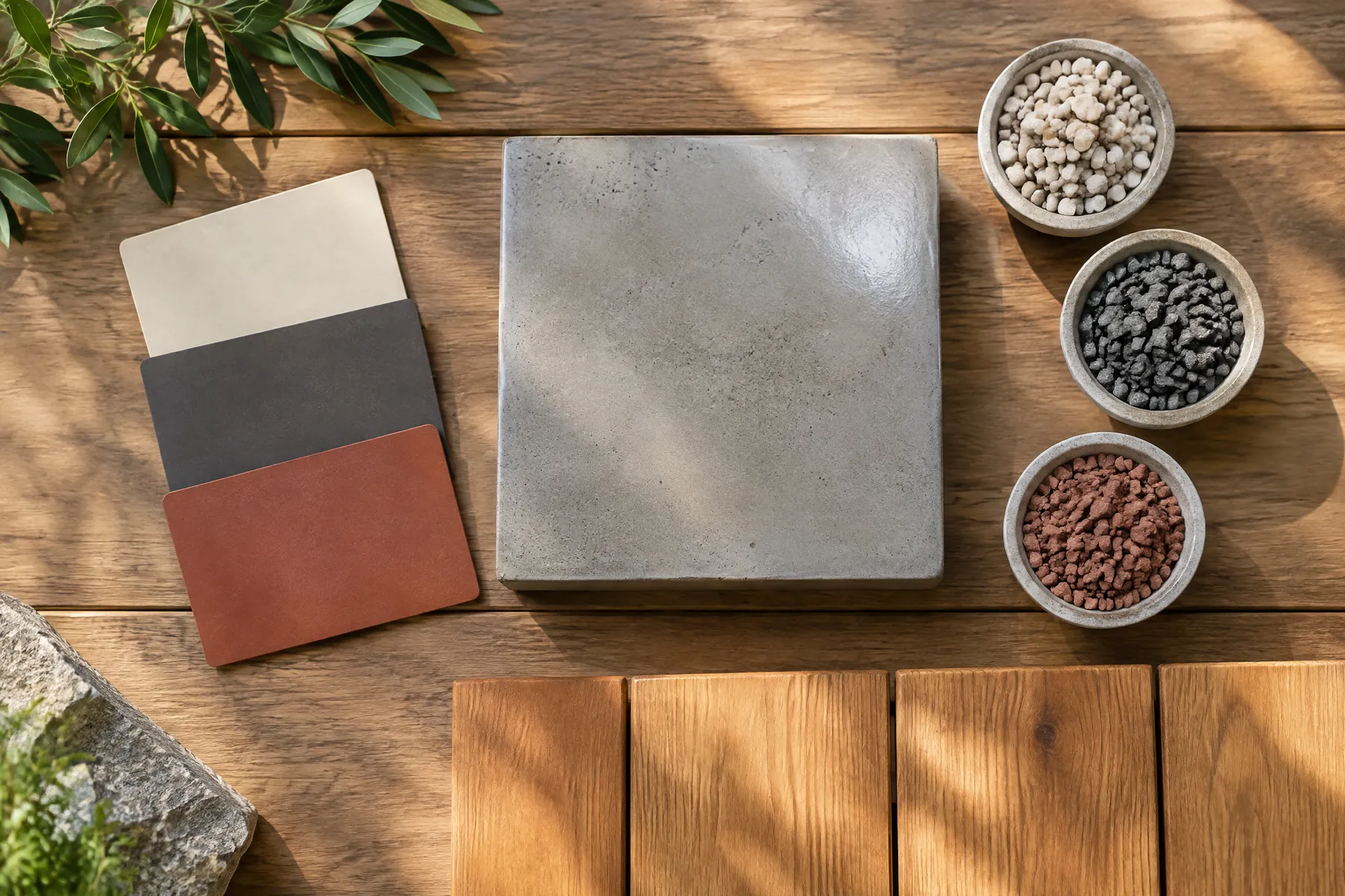 Illustrative concrete colour and aggregate material-selection samples; illustrative, not a contractor project