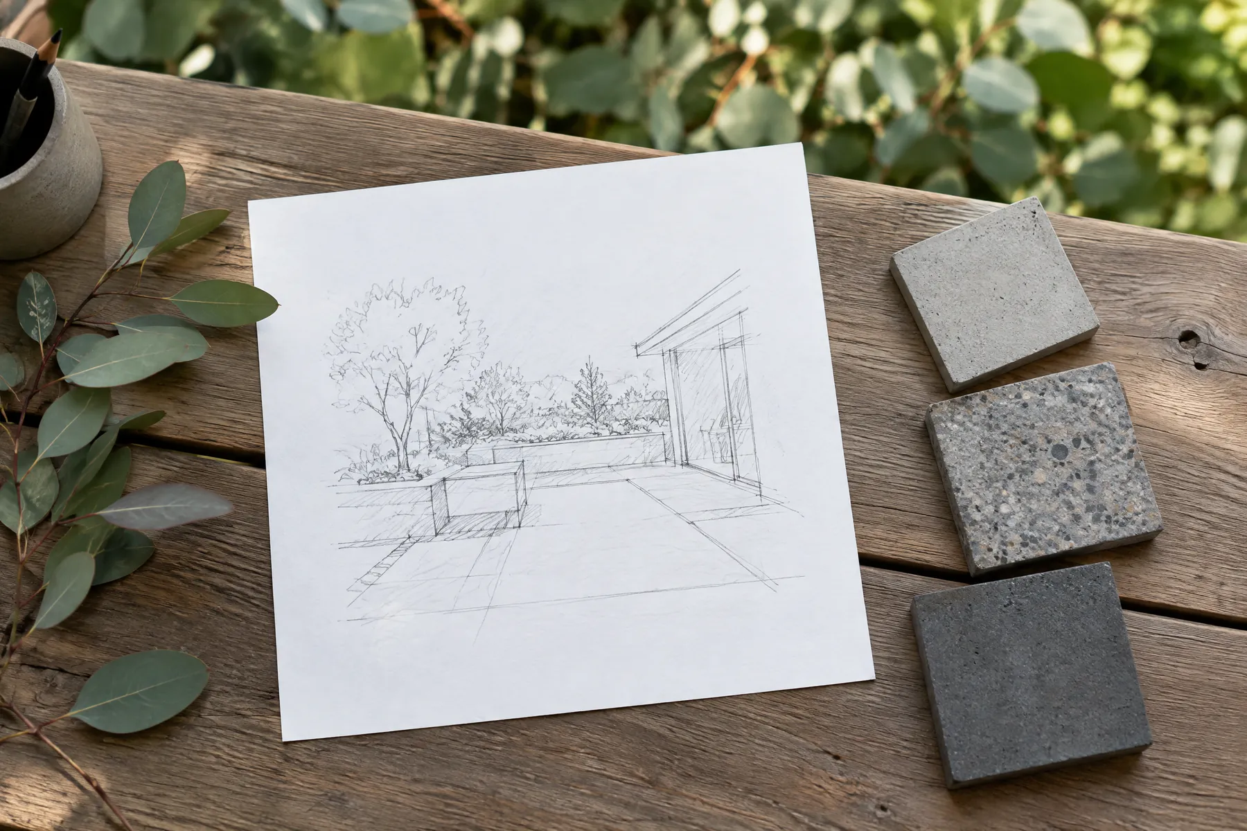 Illustrative concrete finish samples and a project sketch on a garden-side work table